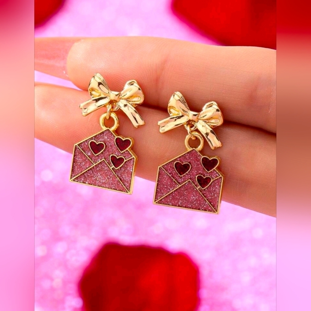 Coquette Bow Stud Earring , Enameled Heart Love Envelop Dangle Ear - Picture 1 of 8
